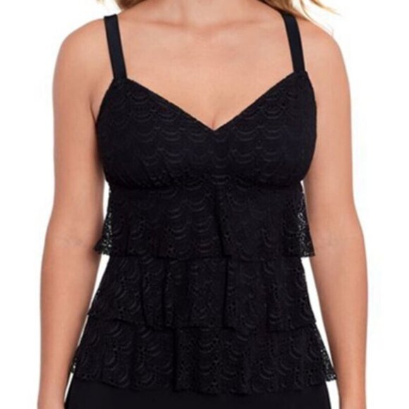 Swim Solutions Women V-Neck Triple Tiered Crochet Tankini Top Black SZ 18 NWT - Picture 1 of 7